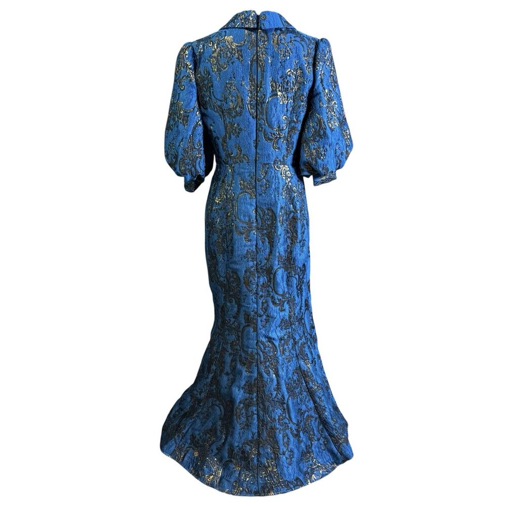 Badgley Mischka Puff-Sleeve Regal Brocade Blue & Metallic Gold Shirtdress Gown 8 - Picture 3 of 14